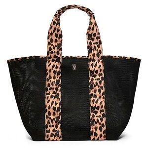 Victoria's Secret Large Mesh Tote Bag Black Leopard Print 24”